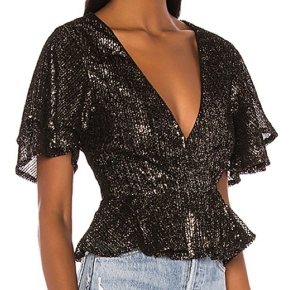 House of Harlow 1960 x Revolve Suri Sequin Wrap V-Neck Ruffle Sleeve Cropped Top - Picture 2 of 10